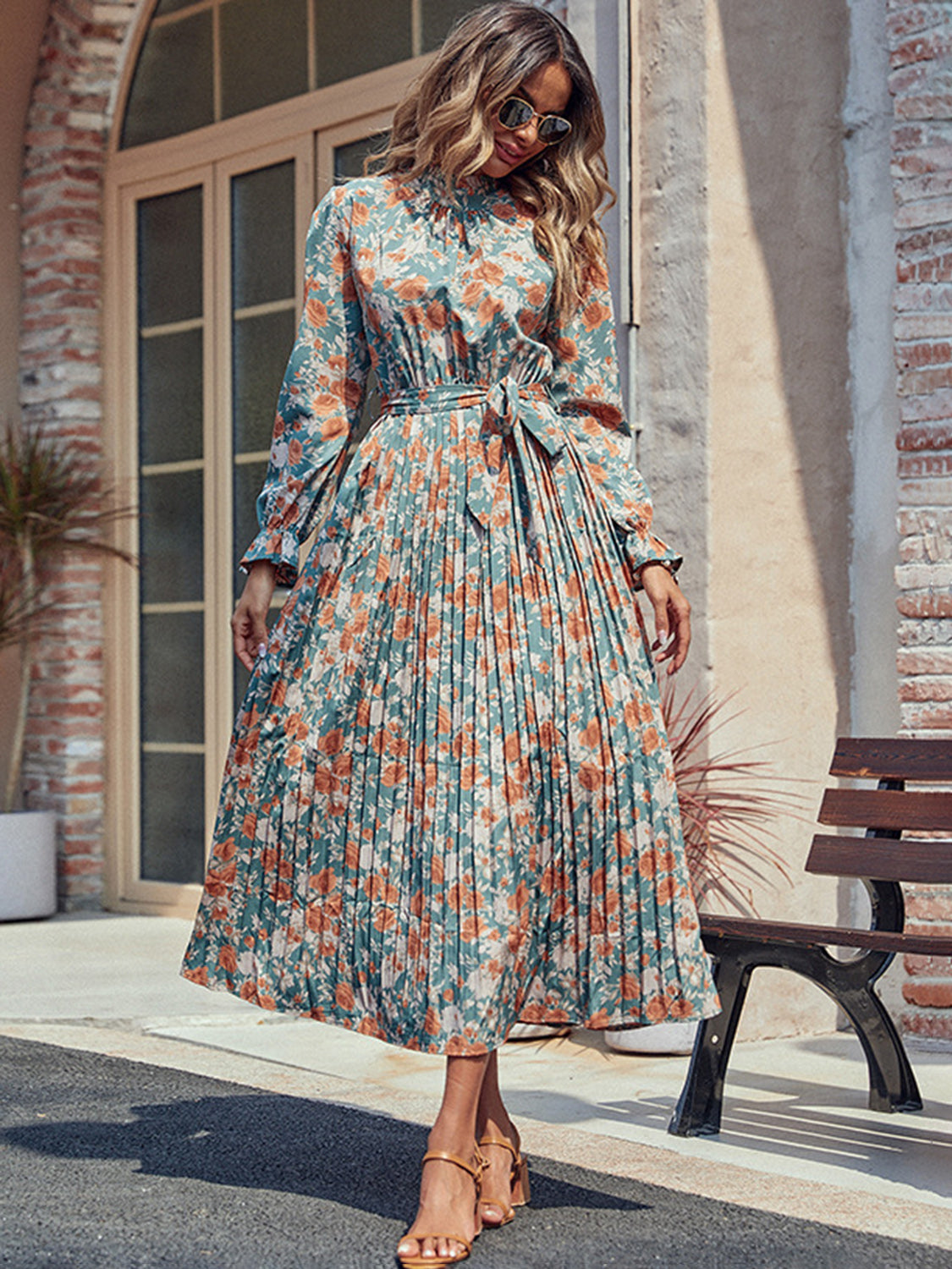 Tied Pleated Printed Mock Neck Long Sleeve Dress