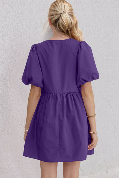 Bow Ruched Puff Sleeve Mini Dress