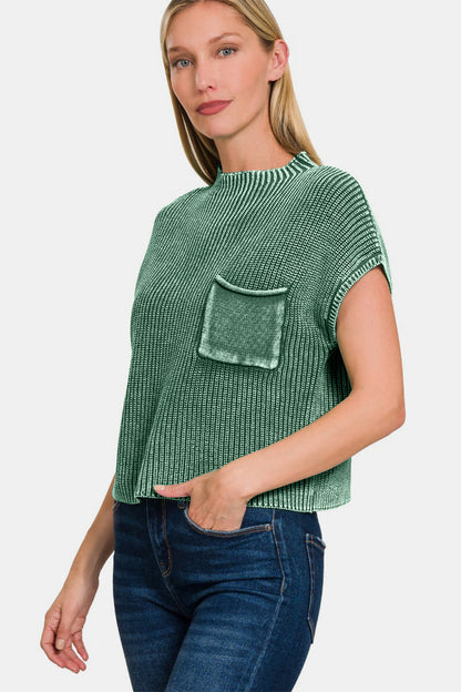 Washed Mock Neck Short Sleeve Cropped Sweater