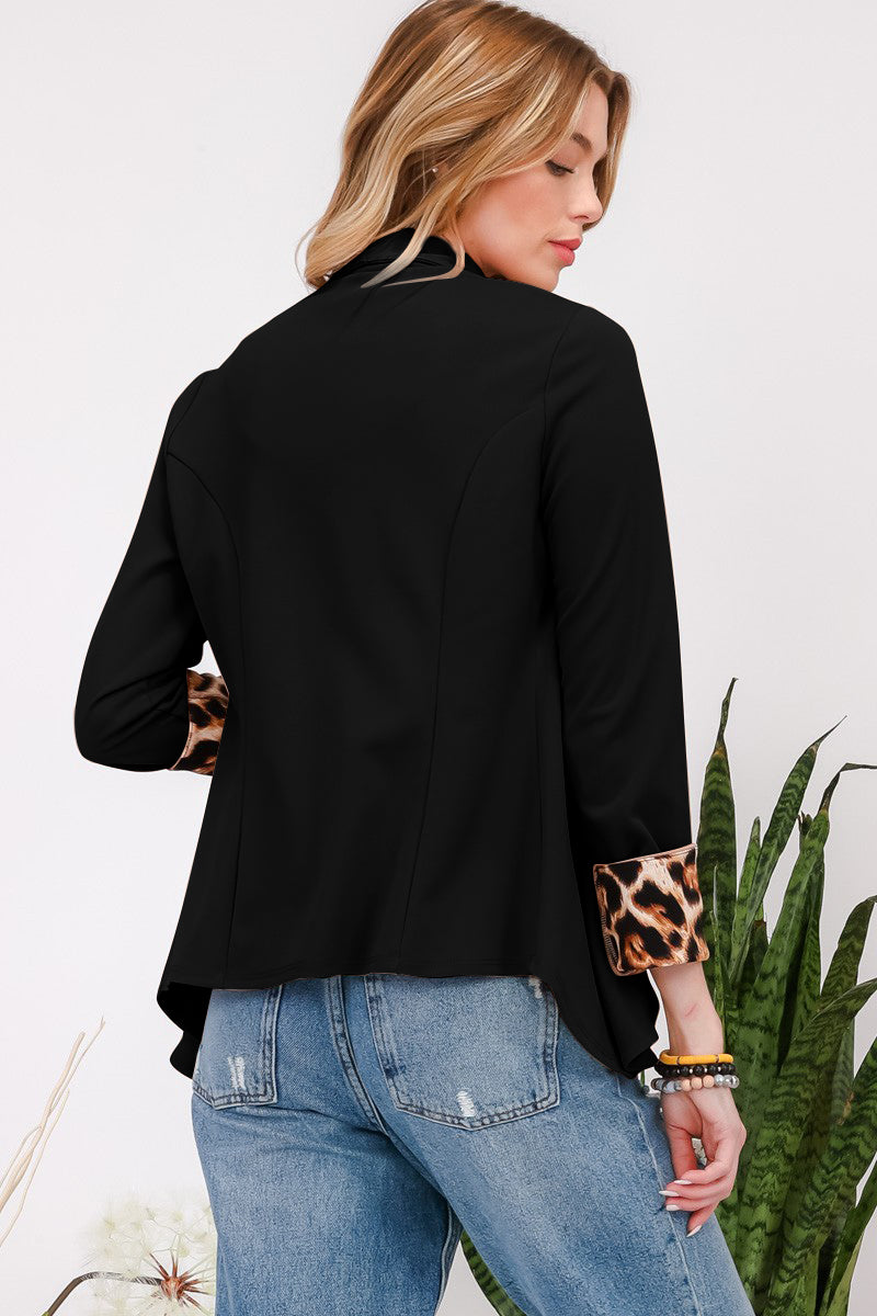 Rolled Leopard Cuff Open Front Blazer