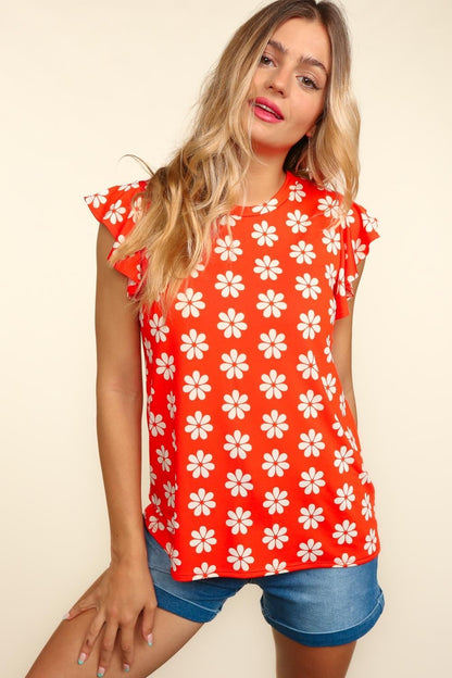 Round Neck Ruffled Floral Contrast Knit Top