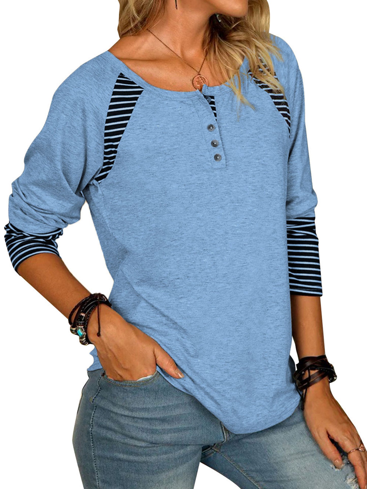 Striped Quarter Button Long Sleeve T-Shirt