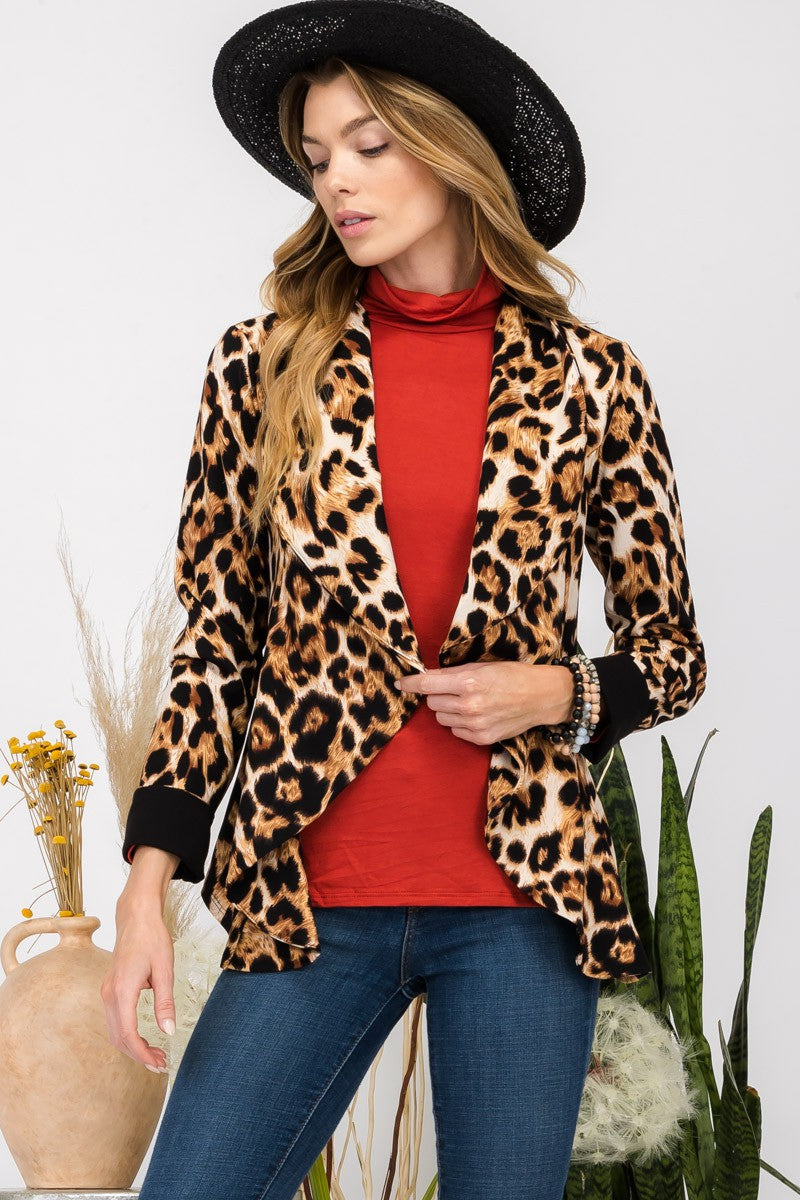 Leopard Open Front Long Sleeve Blazer