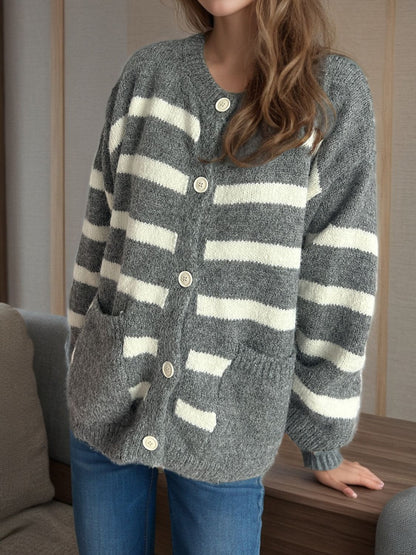 Striped Button Down Long Sleeve Cardigan