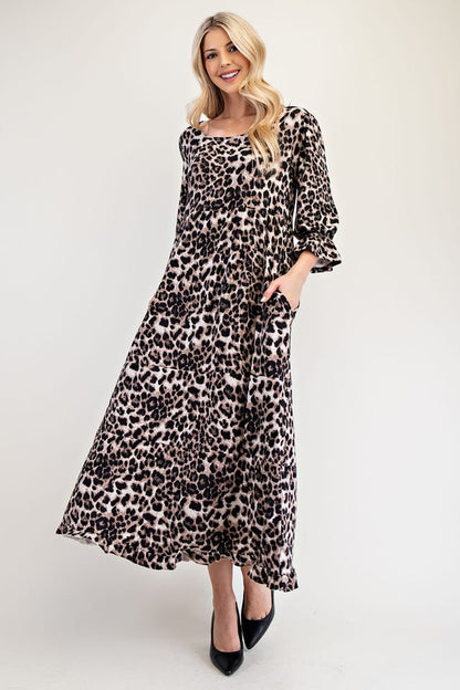 Celeste Leopard Round Neck Flounce Sleeve Dress