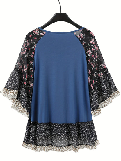 Frill Printed Round Neck Half Sleeve Blouse