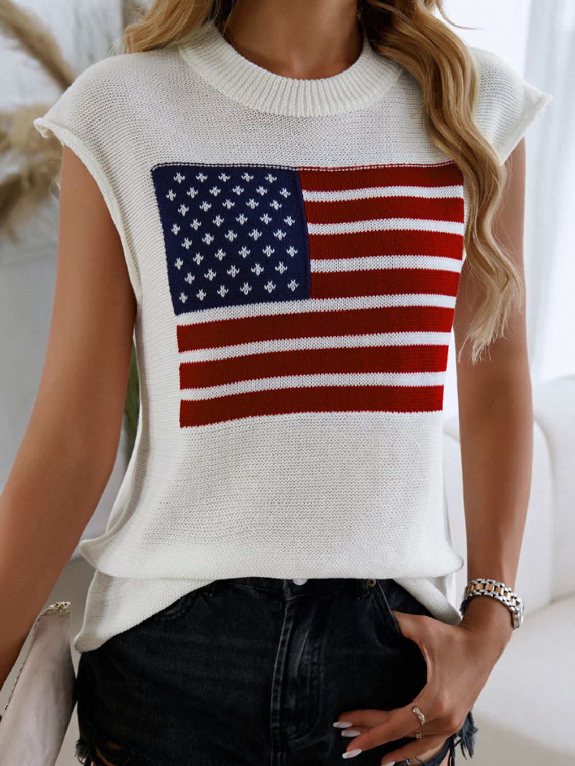 US Flag Round Neck Sweater Vest