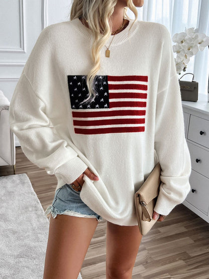 US Flag Round Neck Long Sleeve Knit Top