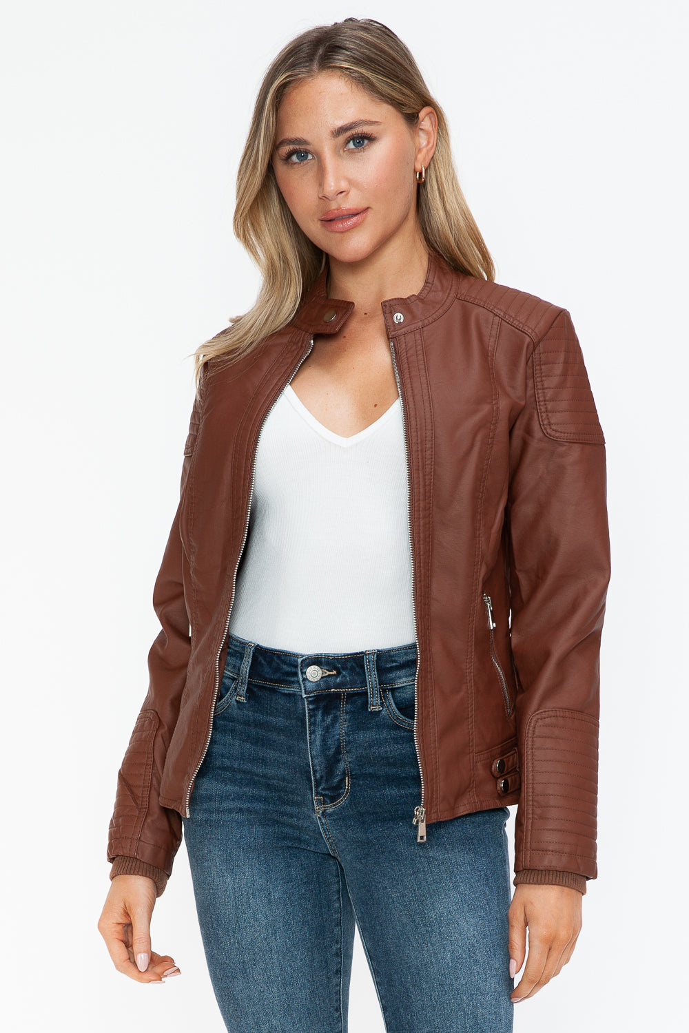 Faux Leather Biker Jacket with Side Zip Pockets