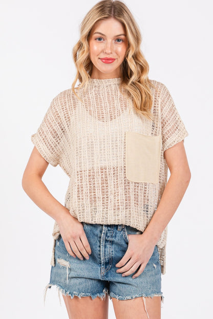 Femme See Through Crochet Mock Neck Cover Up