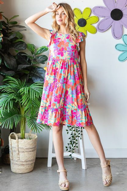 Floral Cap Sleeve Tiered Dress