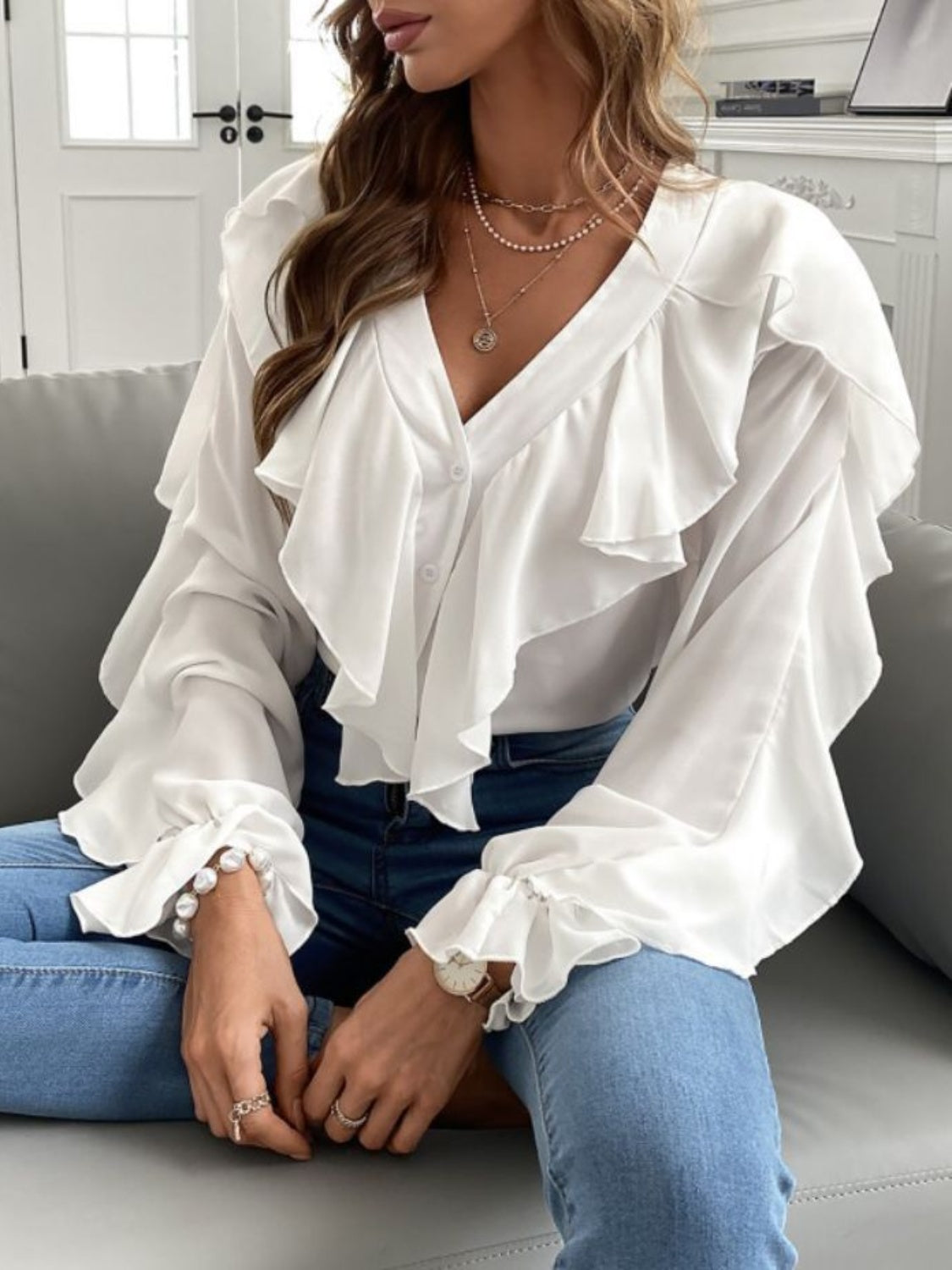 Ruffled V-Neck Button Down Flounce Sleeve Blouse