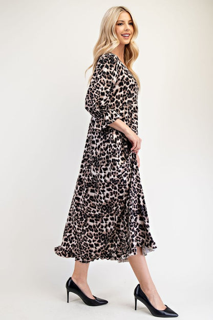 Celeste Leopard Round Neck Flounce Sleeve Dress