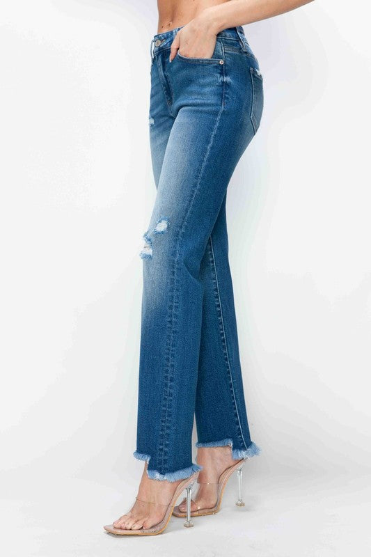 bytos Raw Hem Distressed Mid Rise Straight Jeans