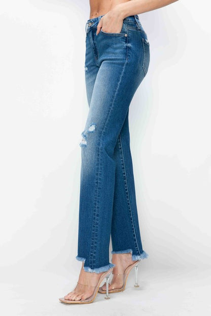 bytos Raw Hem Distressed Mid Rise Straight Jeans