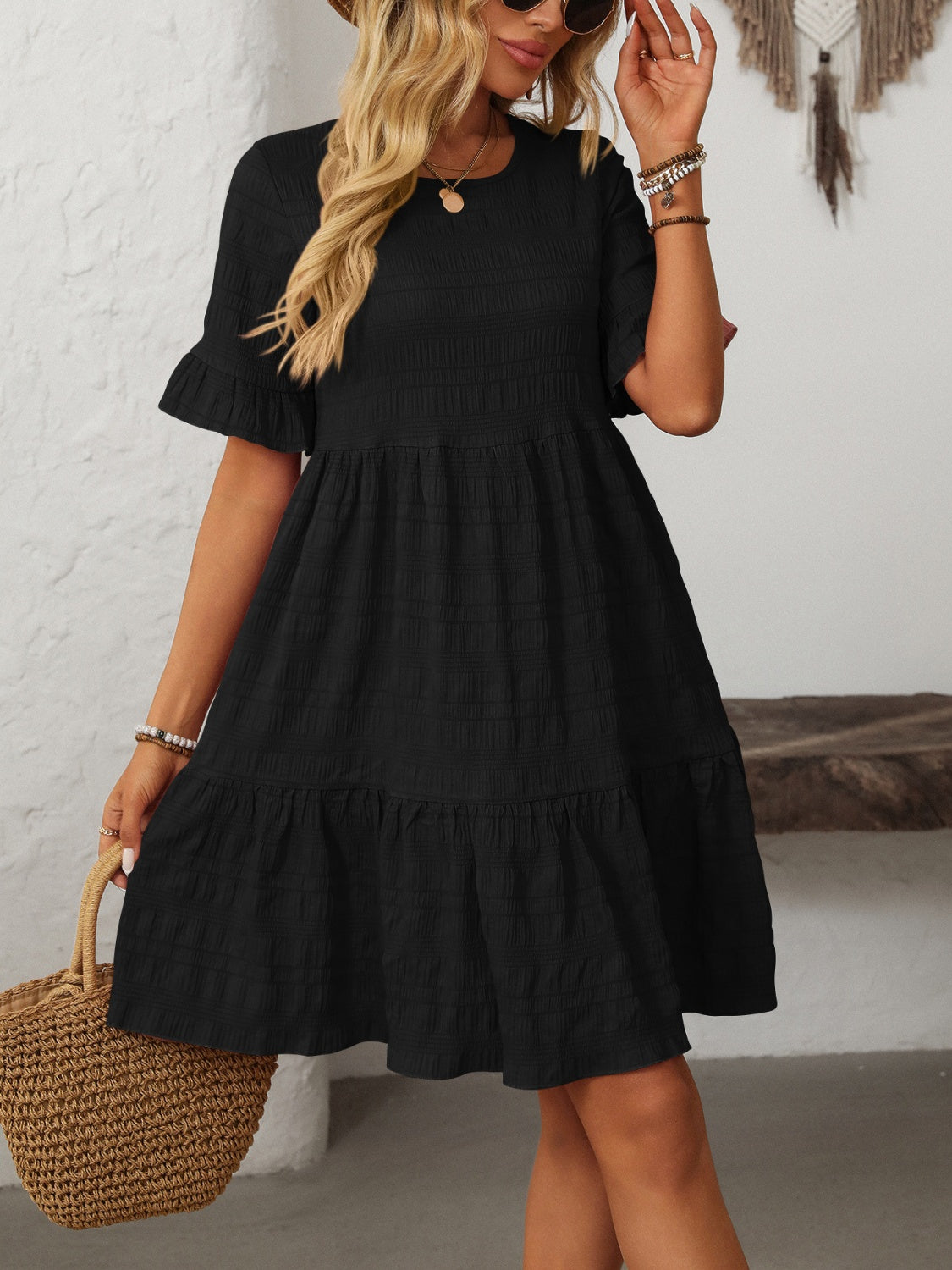 Ruffled Ruched Round Neck Half Sleeve Dress