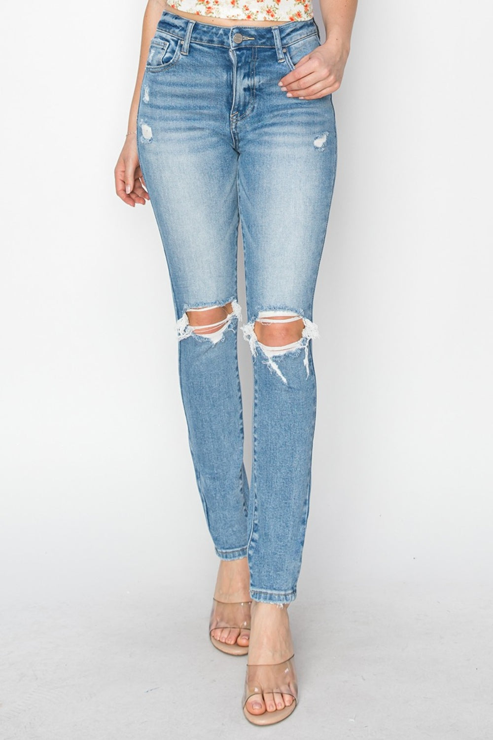 Risen High Rise Knee Distressed Skinny Jeans