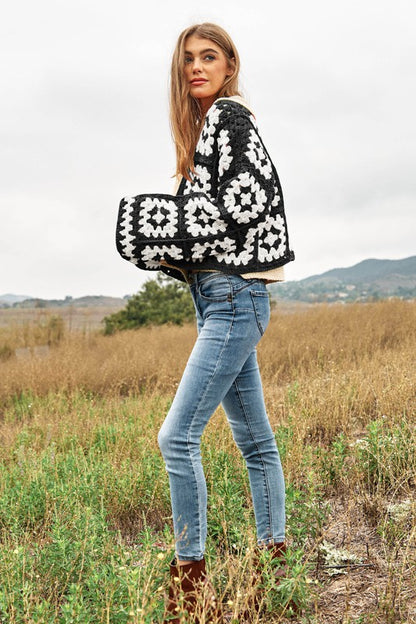 Two-Tone Floral Square Crochet Open Knit Cardigan