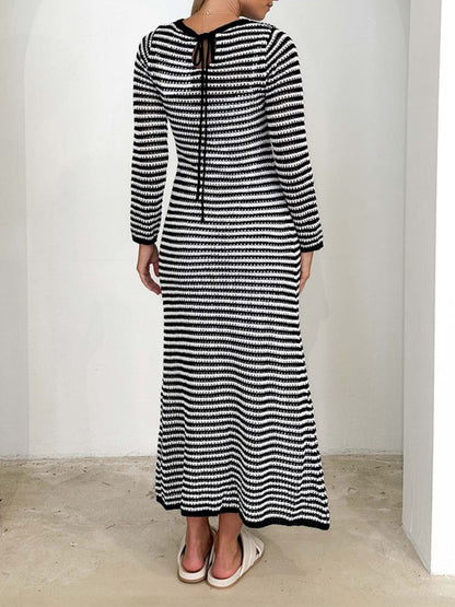 Tied Round Neck Striped Sweater Dress