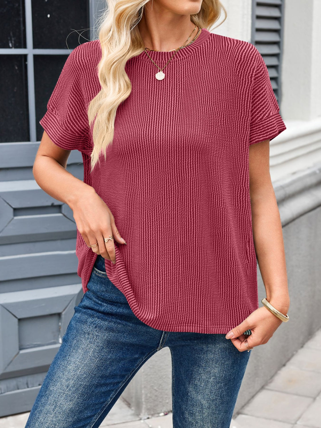 Round Neck Short Sleeve Rib T-Shirt