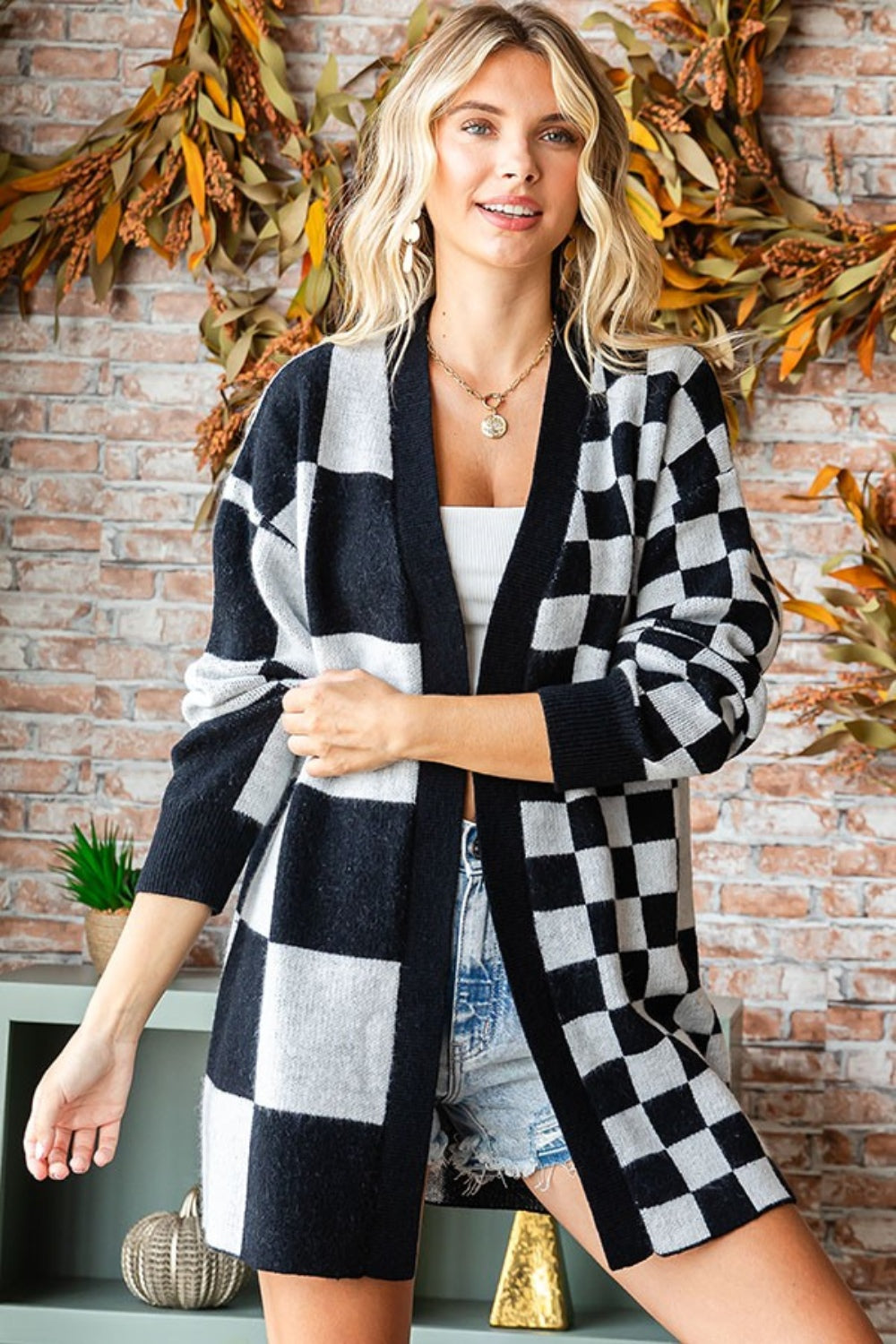 Checkered Open Front Long Sleeve Cardigan