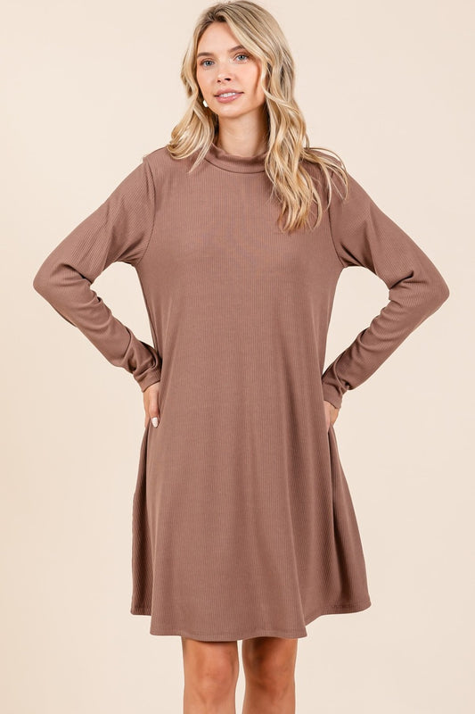 Mock Neck Long Sleeve Dress with Pockets