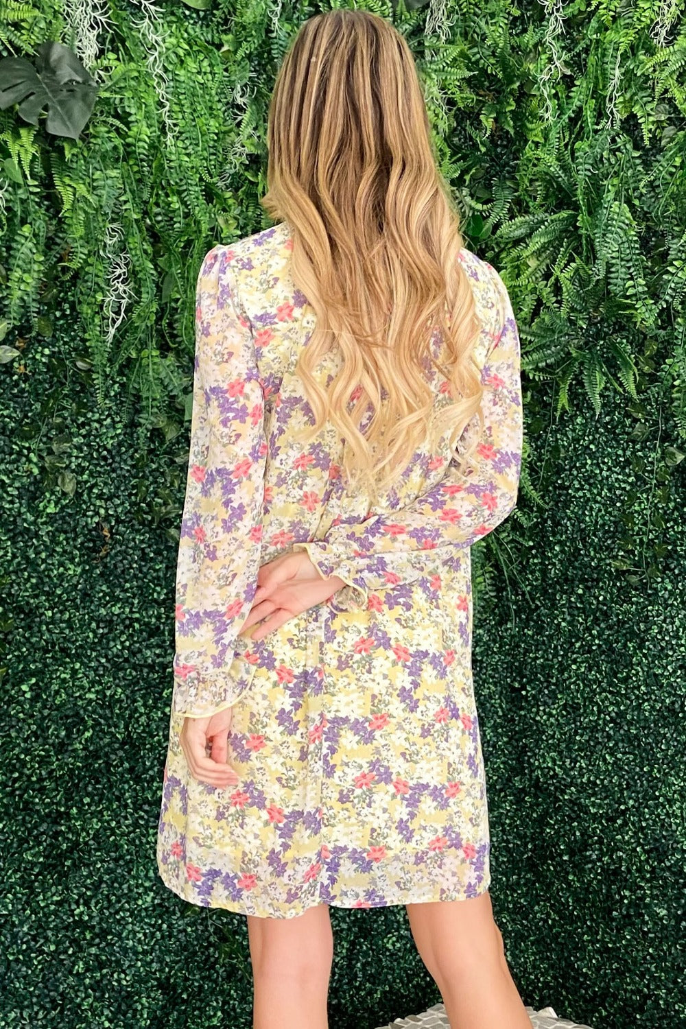 Floral Mock Neck Flounce Sleeve Dress