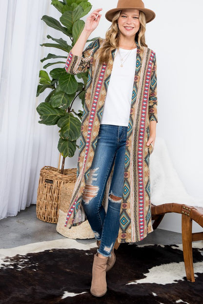 PLUS AZTEC PRINT LONG CARDIGAN