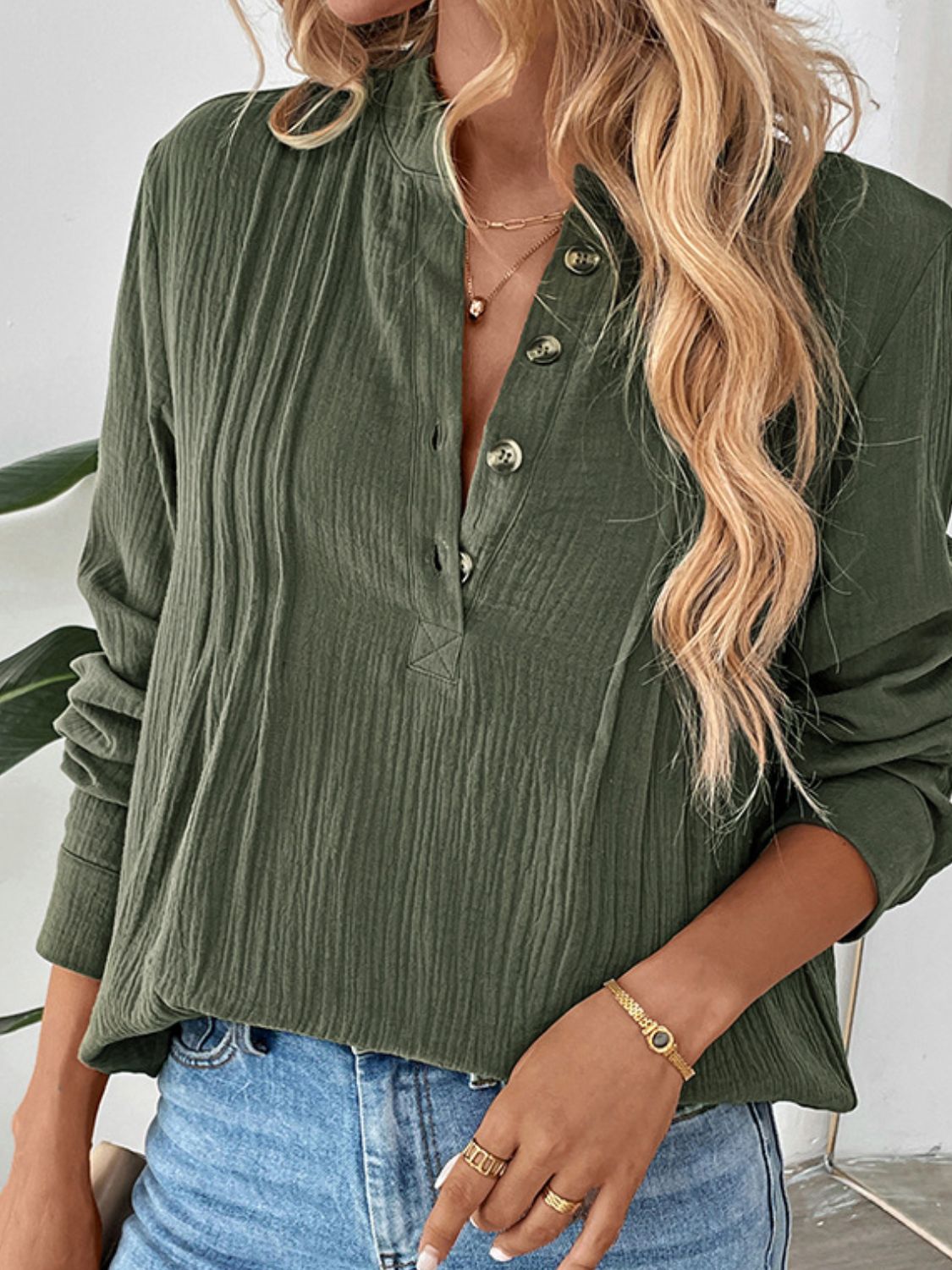 Textured Notched Long Sleeve Blouse