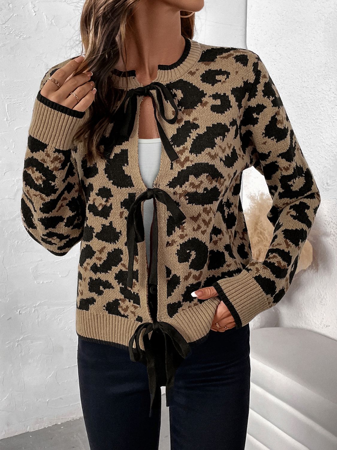 Tied Leopard Long Sleeve Cardigan