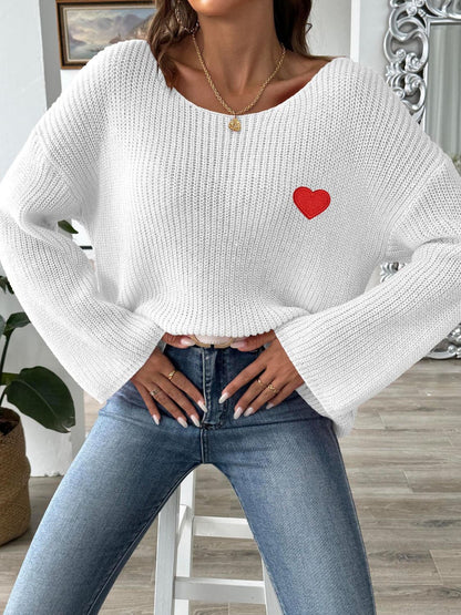 Heart Boat Neck Dropped Shoulder Sweater