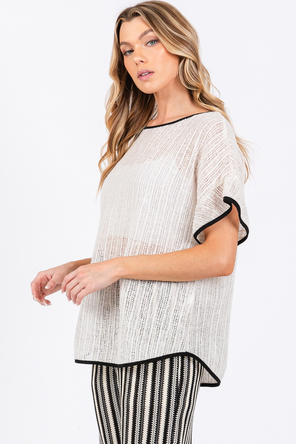 Contrast Trim Short Sleeve Knit Cover Up