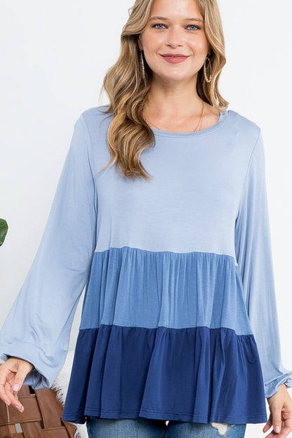 COLOR BLOCK RUFFLE TIERED SWING TOP