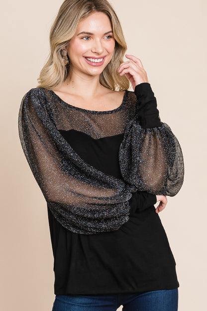 Metallic Mesh Lantern Sleeve Blouse