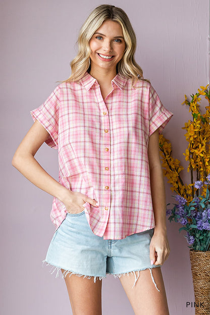 Plaid Collared Neck Short Sleeve Shirt