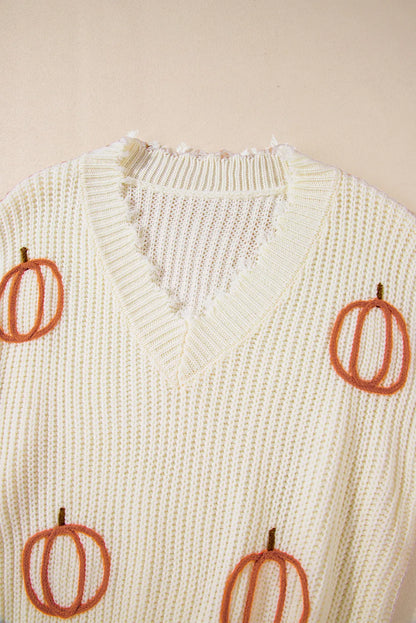 Raw Hem Pumpkin V-Neck Long Sleeve Sweater