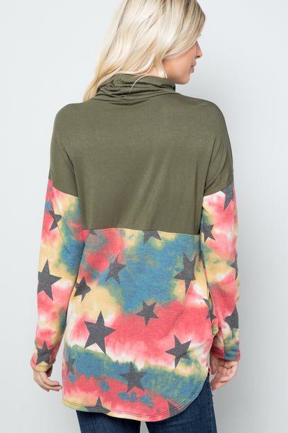 Tie-Dye Star Print Long Sleeve Blouse