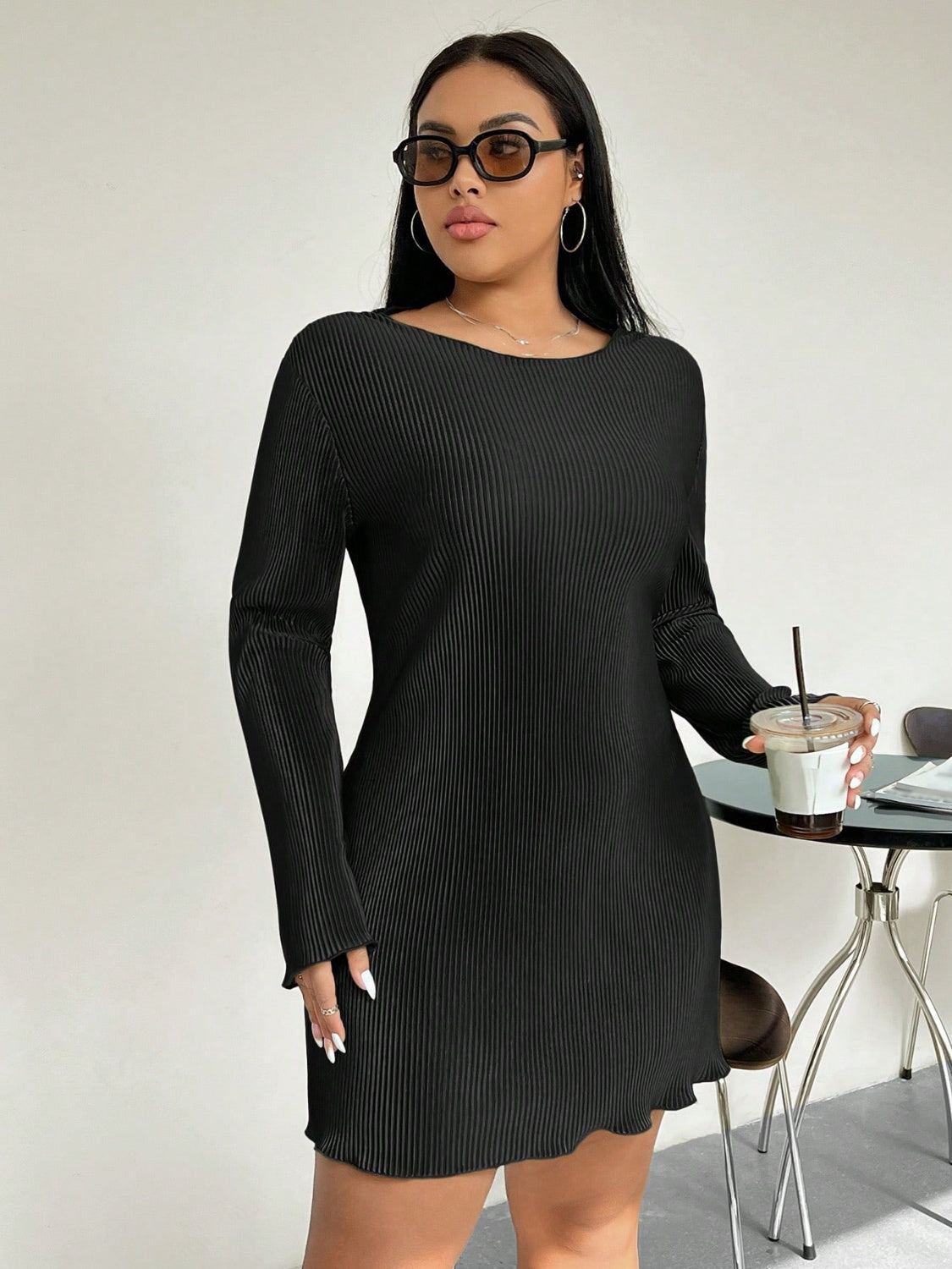 Plus Size Lettuce Hem Round Neck Long Sleeve Dress