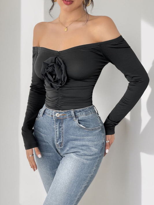 Ruched Flower Off-Shoulder Long Sleeve Bodysuit