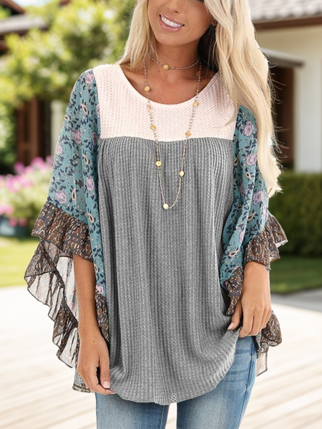 Printed Round Neck Three-Quarter Sleeve Blouse