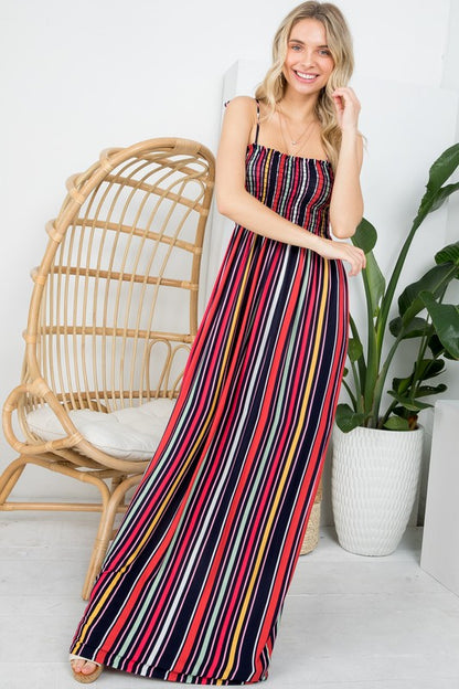 PLUS STRIPE SMOCKED MAXI DRESS