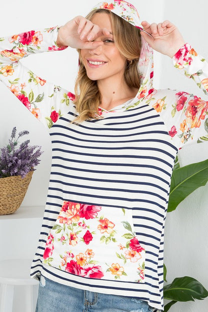 FLORAL STRIPE MIXED SWEATSHIRT TOP