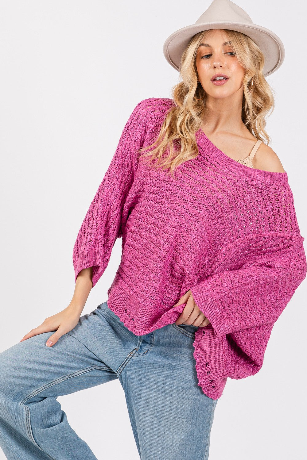 Distressed Asymmetrical Open Stitch Sweater