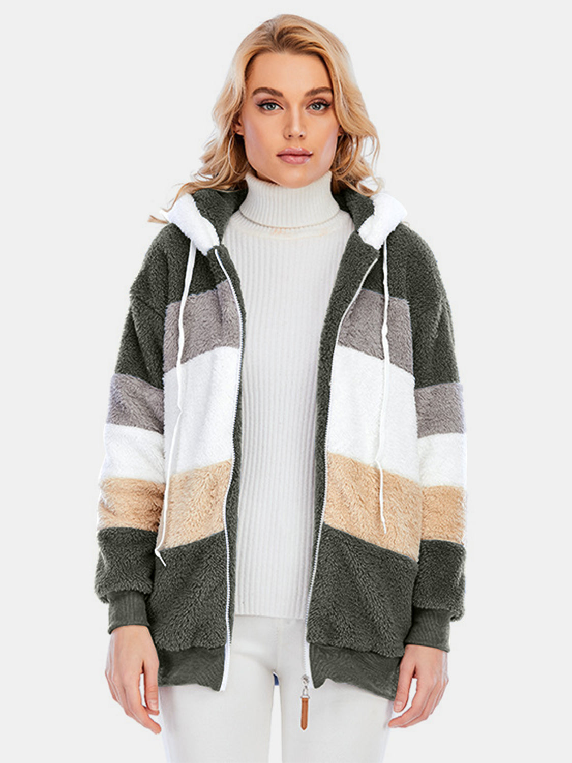 Drawstring Color Block Zip Up Hooded Outerwear