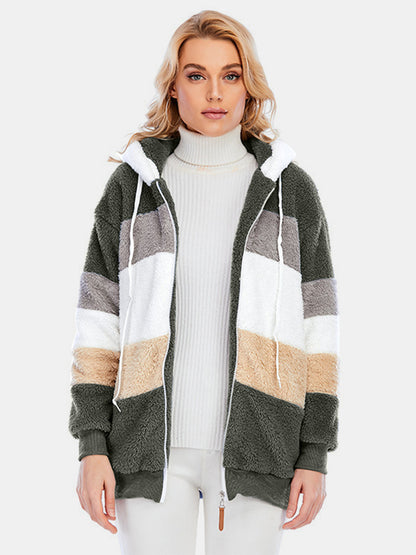 Drawstring Color Block Zip Up Hooded Outerwear