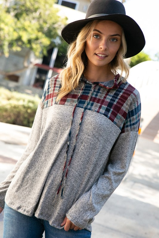 HACCI MELANGE PLAID AND SOLID MIXED HOODIE TOP