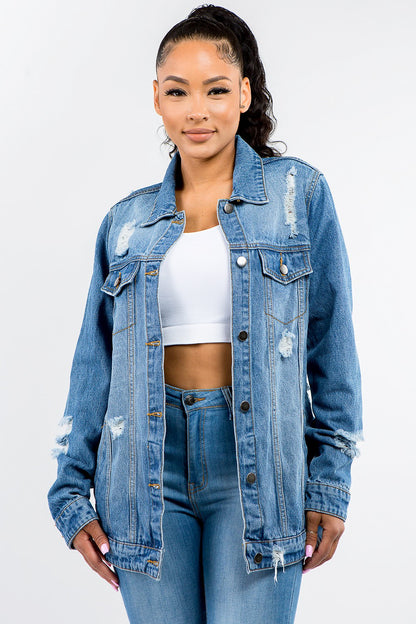 Button Up Distressed Denim Jacket