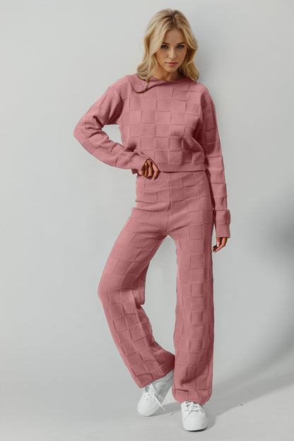 Checkered Round Neck Top and Pants Set