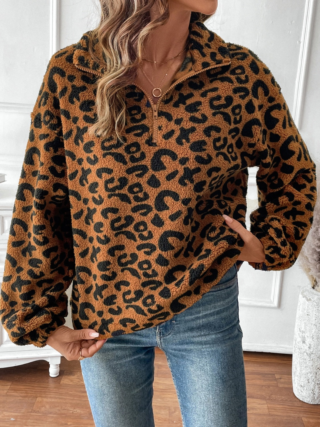 Leopard Half Zip Long Sleeve Sweatshirt