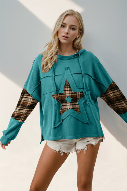 Drawstring Plaid Star Patch Long Sleeve Hoodie